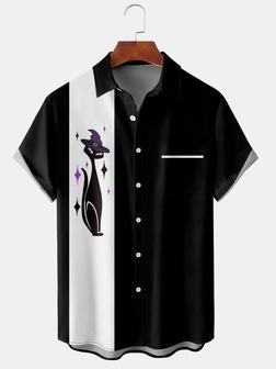 Men's Halloween Black Cat Print Casual Breathable Short Sleeve Shirt - Seseable
