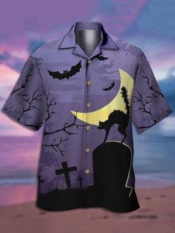 Men's Halloween Black Cat 
Printed Casual Fabric Lapel Short Sleeve Hawaiian Shirt - Seseable