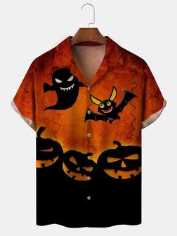 Men's Halloween Black
 Printed Casual Fabric Lapel Short Sleeve Hawaiian Shirt - Seseable