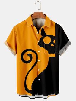 Men's Halloween Cat Print Casual Breathable Short Sleeve Shirt - Seseable