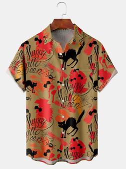 Men's Halloween Cat Print Casual Breathable Short Sleeve Shirt - Seseable