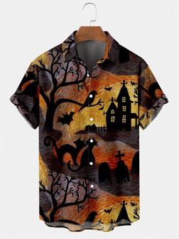 Men's Halloween Cat Print Cool Casual Breathable Short Sleeve Shirt - Seseable