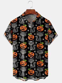 Men's Halloween Cat Print Short Sleeve Hawaiian Shirt With Chest Pocket - Seseable
