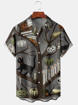 Men's Halloween Cat Printed Casual Fabric Lapel Short Sleeve Hawaiian Shirt - Seseable