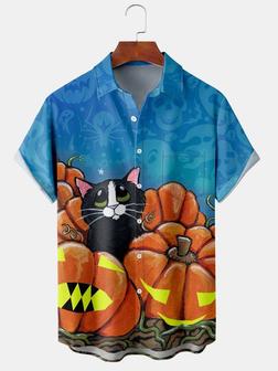 Men's Halloween Cat Pumkin Printed Casual Fabric Lapel Short Sleeve Hawaiian Shirt - Seseable