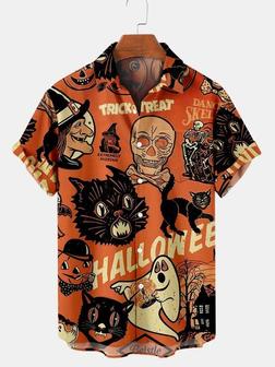 Men's Halloween Cat Trick Or Treat 
Print Casual Breathable Short Sleeve Shirt - Seseable