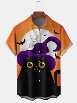 Men's Halloween Cat Witch Hat Graphic Print Short Sleeve Shirt - Seseable
