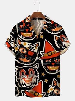 Mens Halloween Cats Print Front Buttons Soft Breathable Loose Casual Hawaiian Shirts - Seseable