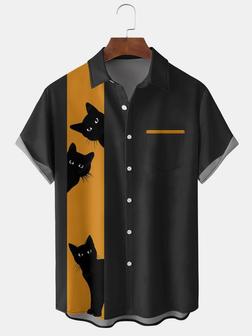 Men's Halloween Elements Cat Graphic Print Short Sleeve Shirt - Seseable
