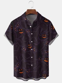 Men's Halloween Elements Cat Graphic Print Short Sleeve Shirt - Seseable