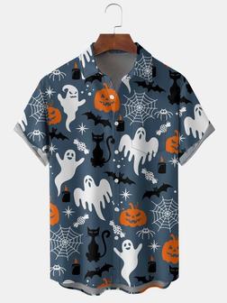 Men's Halloween Elements Cat Pumpkin Graphic Print Short Sleeve Shirt - Seseable