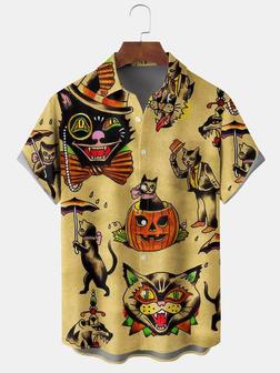 Men's Halloween Fun Cat Print Casual Breathable Hawaiian Short Sleeve Shirt - Seseable