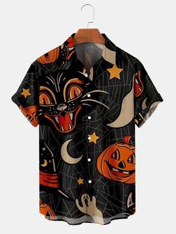 Men's Halloween Funny 
Pumpkin Cat Print Casual Breathable Short Sleeve Shirt - Seseable