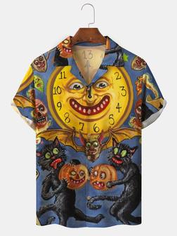 Mens Halloween Print Black Cats Front Buttons Soft Breathable Loose Casual Hawaiian Shirts - Seseable