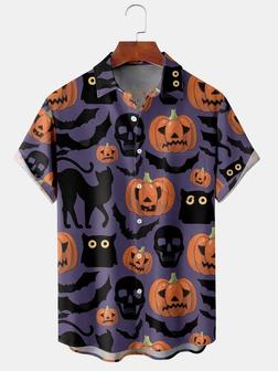 Men's Halloween Pumpkin & Skull & Cat Print Casual Breathable Short Sleeve Shirt - Seseable