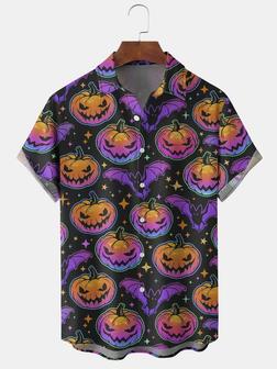 Men's Halloween Pumpkin Bat Element Graphic Print Short Sleeve Shirt - Seseable