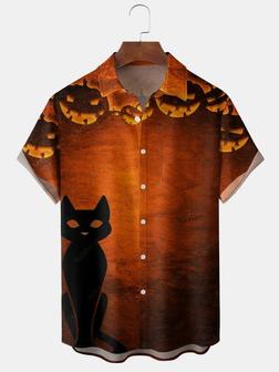 Men's Halloween Pumpkin Cat Element Graphic Print Short Sleeve Shirt - Seseable