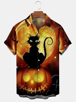 Men's Halloween Pumpkin Cat Print Casual Breathable Short Sleeve Shirt - Seseable