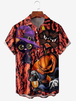 Men's Halloween Pumpkin Cat Print Fashion Lapel Short Sleeve Shirt - Seseable