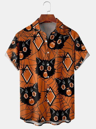 Men's Halloween Retro Cat Print Casual Breathable Short Sleeve Shirt | Seseable UK