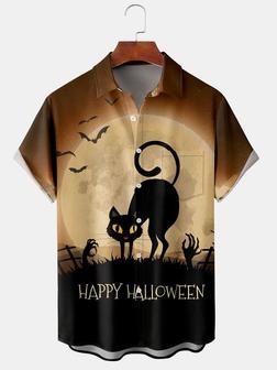 Men's Halloween Retro Cat Print Casual Breathable Short Sleeve Shirt - Seseable