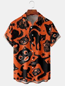 Men's Halloween Retro Cat Print Casual Breathable Short Sleeve Shirt - Seseable