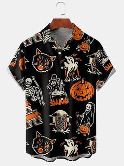 Men's Halloween Retro Cat And Witch Print Casual Breathable Short Sleeve Shirt - Seseable