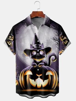 Men's Halloween Retro Cute 
Cat Print Casual Breathable Short Sleeve Shirt - Seseable