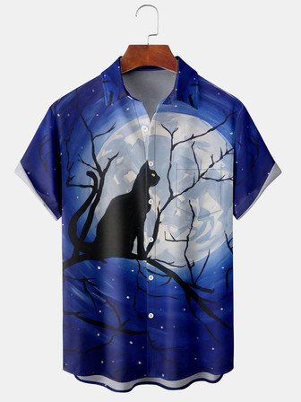 Men's Halloween Retro Geometric Cat Print Casual Breathable Short Sleeve Shirt | Seseable UK