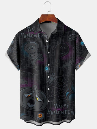Men's Halloween Retro Pumpkin And Skull Flower Casual Breathable Short Sleeve Shirt | Seseable UK