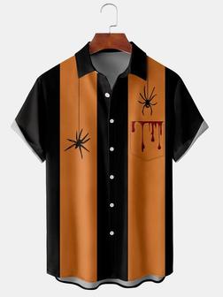 Men's Halloween Spider Print Casual Vintage Breathable Short Sleeve Shirt - Seseable