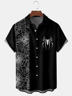 Mens Halloween Spider Print Front Buttons Soft Breathable Casual Hawaiian Shirts - Seseable