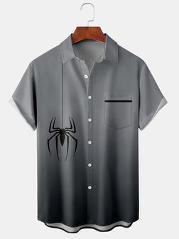 Mens Halloween Spider 
Print Front Buttons Soft Breathable Chest Pocket Casual Aloha Shirts - Seseable