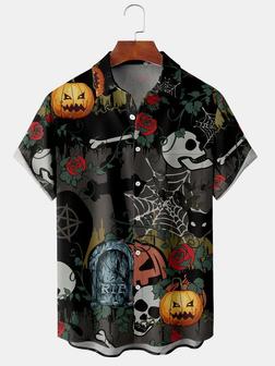 Men's Halloween Vintage Pumpkin And Skull Print Casual Breathable Short Sleeve Shirt - Seseable