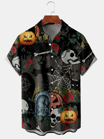 Men's Halloween Vintage Pumpkin And Skull Print Casual Breathable Short Sleeve Shirt | Seseable UK