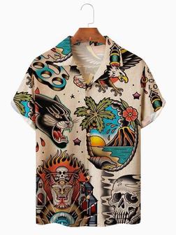 Mens Hawaiian Art Tattoo Print Camp Collar Loose Short Sleeve Funky Hawaiian Shirts - Seseable