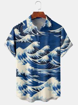 Mens Japanese Ukiyoe Wave Print Front Buttons Soft Breathable Chest Pocket Casual Hawaiian Shirts - Seseable
