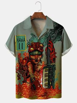 Men's Music Print Casual Fabric Fashion Lapel Short Sleeve Shirts - Seseable