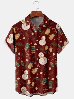 Men's New Christmas Snowman Print Casual Breathable Hawaiian Short Sleeve Shirt Christmas Gift - Seseable
