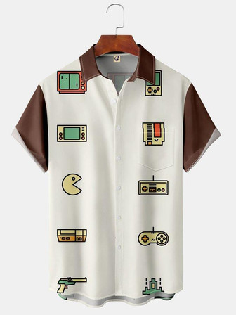 Men's Retro Game Print Fashion Hawaiian Lapel Short Sleeve Shirt | Seseable UK