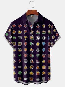 Men's Retro Game Print Fashion Hawaiian Lapel Short Sleeve Shirt - Seseable