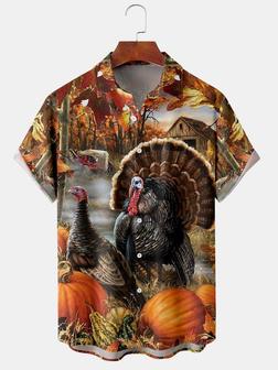 Men's Thanksgiving Turkey Print Casual Short Sleeve Hawaiian Shirt With Breast Pocket - Seseable