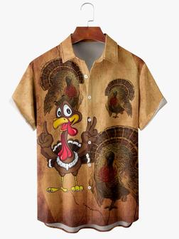 Men's Thanksgiving Turkey Print Wrinkle Resistant Moisture Wicking Fabric Fashion Hawaiian Lapel Short Sleeve Shirts - Seseable