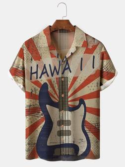 Men's Vintage Retro Music Guitar Print Casual Fabric Fashion Lapel Short Sleeve Shirts - Seseable