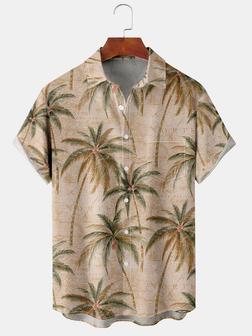 Resort Style Hawaiian Series Botanical Coconut Tree Element Pattern Lapel Short-sleeved Chest Pocket Shirt Printed Top - Seseable