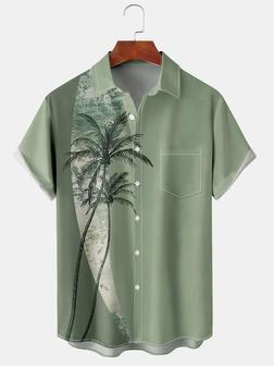 Resort Style Hawaiian Series Geometric Stitching Plant Coconut Tree Element Pattern Lapel Short-sleeved Chest Pocket Shirt Printed Top - Seseable