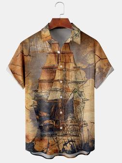 Resort Style Hawaiian Series Nautical Gradient Retro Sailboat Element Pattern Lapel Short Sleeve Chest Pocket Shirt Print Top - Seseable