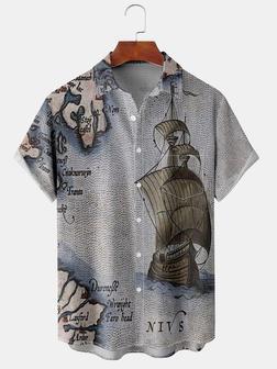 Resort Style Hawaiian Series Nautical Retro Map Sailboat Element Pattern Lapel Short Sleeve Chest Pocket Shirt Print Top - Seseable