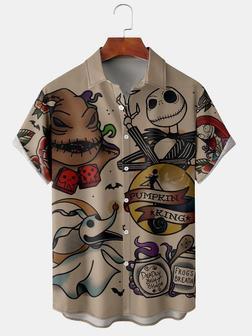 Retro Style Festival Series Halloween Ghosts And Ghosts Elements Pattern Lapel Short-sleeved Chest Pocket Shirt Printed Top - Seseable