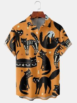 Retro Style Holiday Series Halloween Skull Cat Element Pattern Lapel Short Sleeve Chest Pocket Shirt Printed Top - Seseable